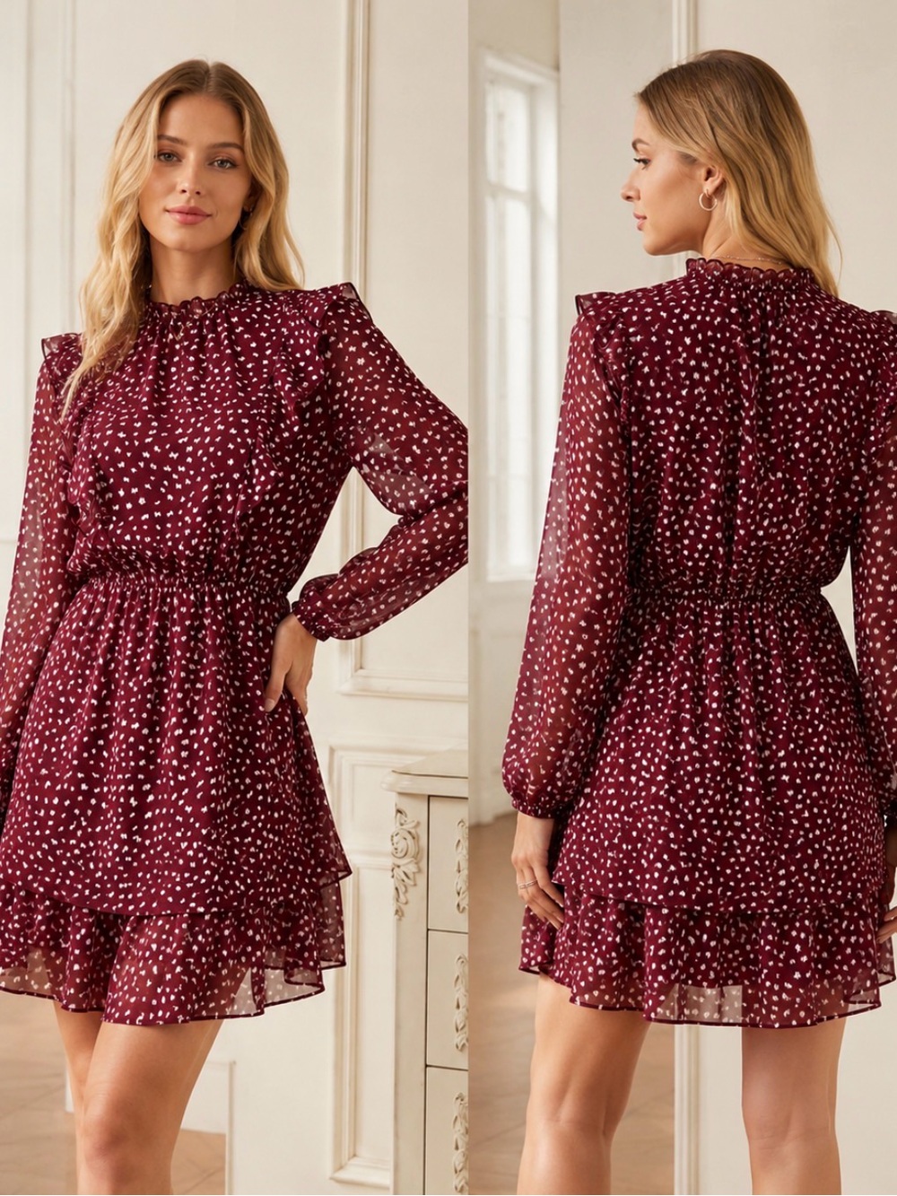 Tiered Burgundy white Print Long Sleeve Dress